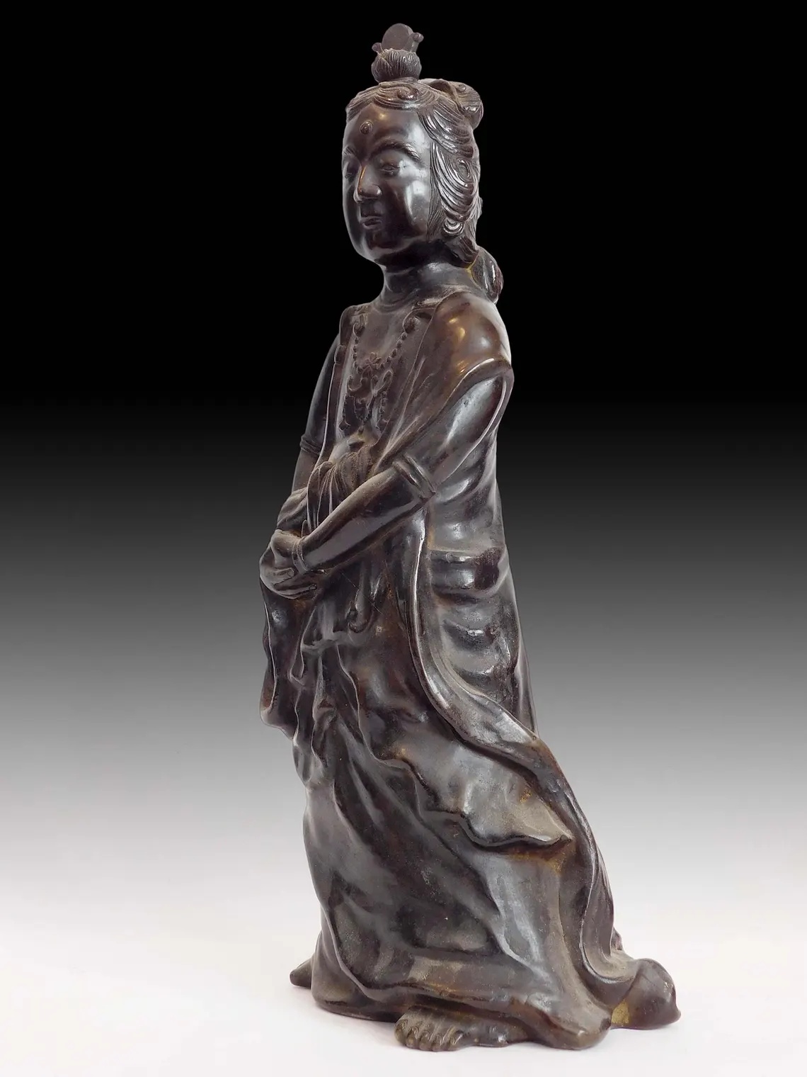 Vintage Japanese Bronze Kannon Bosatsu Kakei Reign Seal Guan Yin Buddha Statue 14 inch H 觀音菩薩
