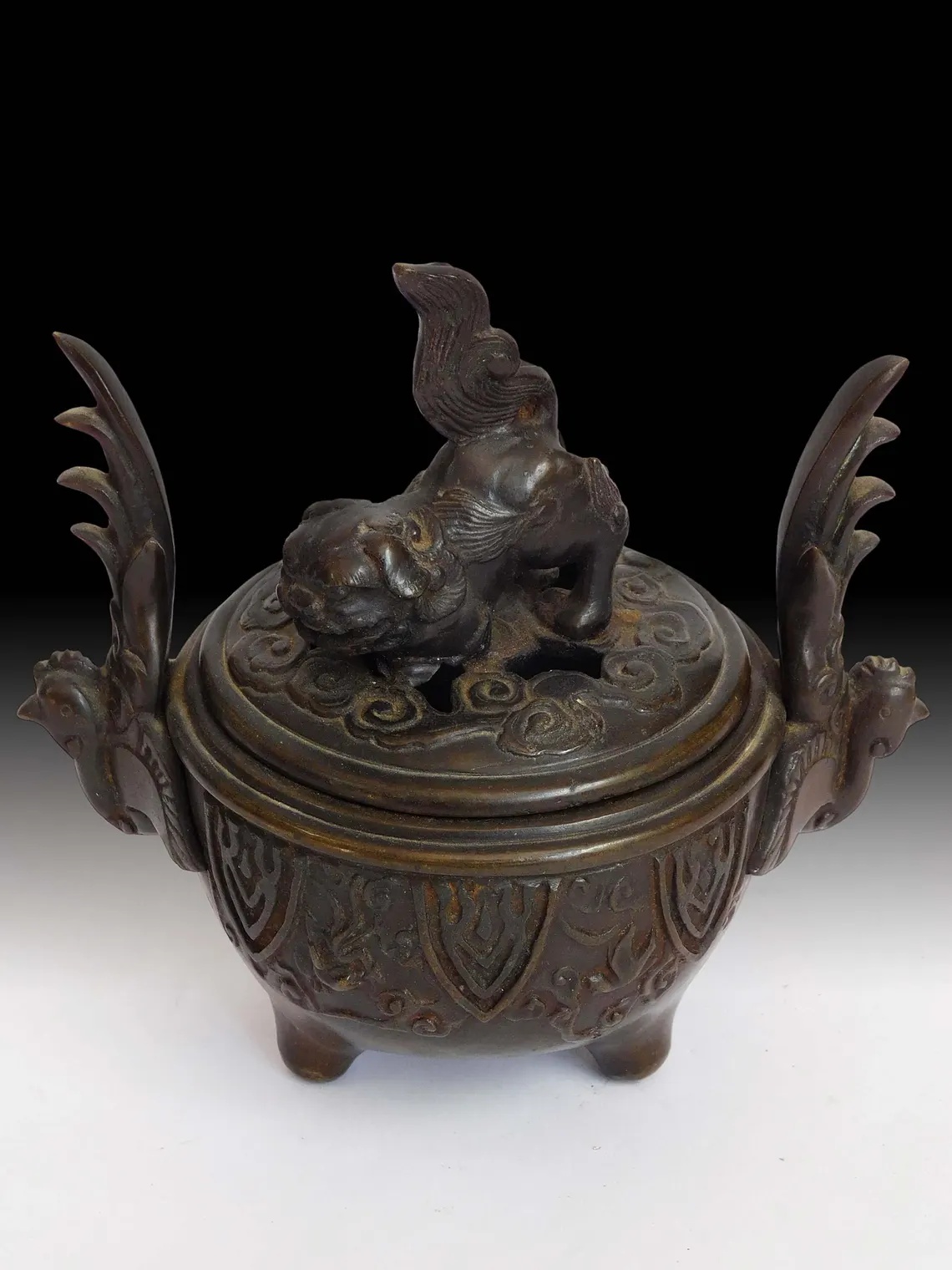 Vintage Japanese Shishi Lion Phoenix Bronze Incense Burner Koro Censer 獅子香炉