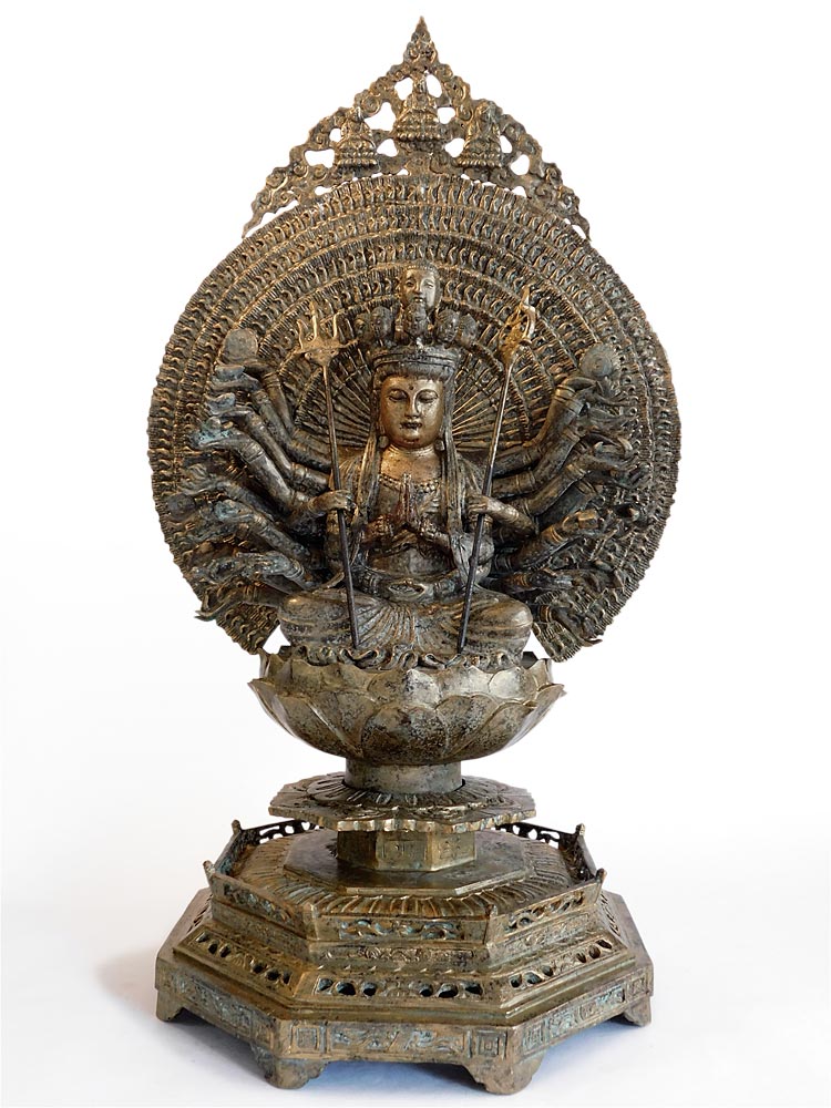 Thousand-Armed Compassion Goddess Guan Yin Vintage Chinese Patinated Bronze Buddha 千手觀音