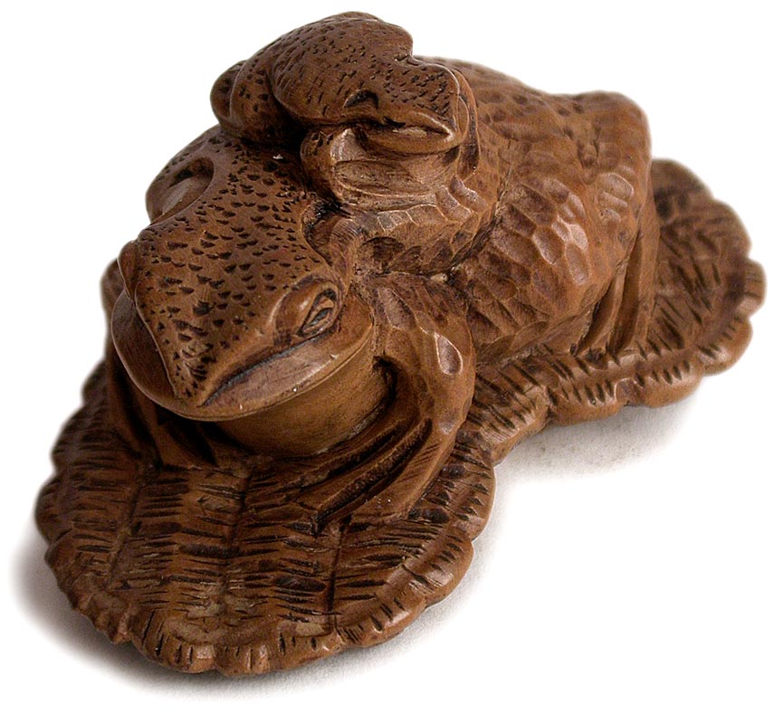 Antique Japanese Two Frogs Carved Wood Netsuke Signed Masanao 根付