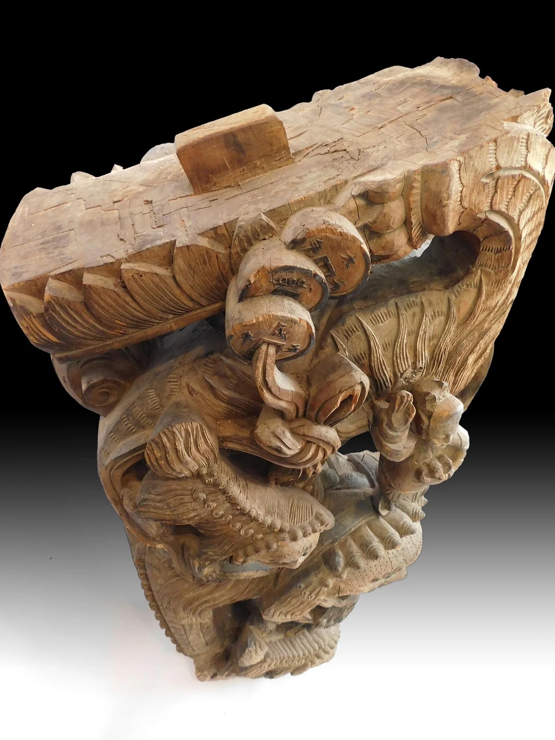 Antique Chinese Hardwood Foo Dog Lion Pillar Strut