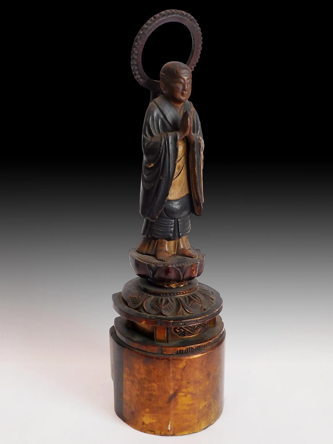 Antique Japanese Carved Jodo Shinshu Honen Shonin Buddha Statue 15 inch H 法然上人