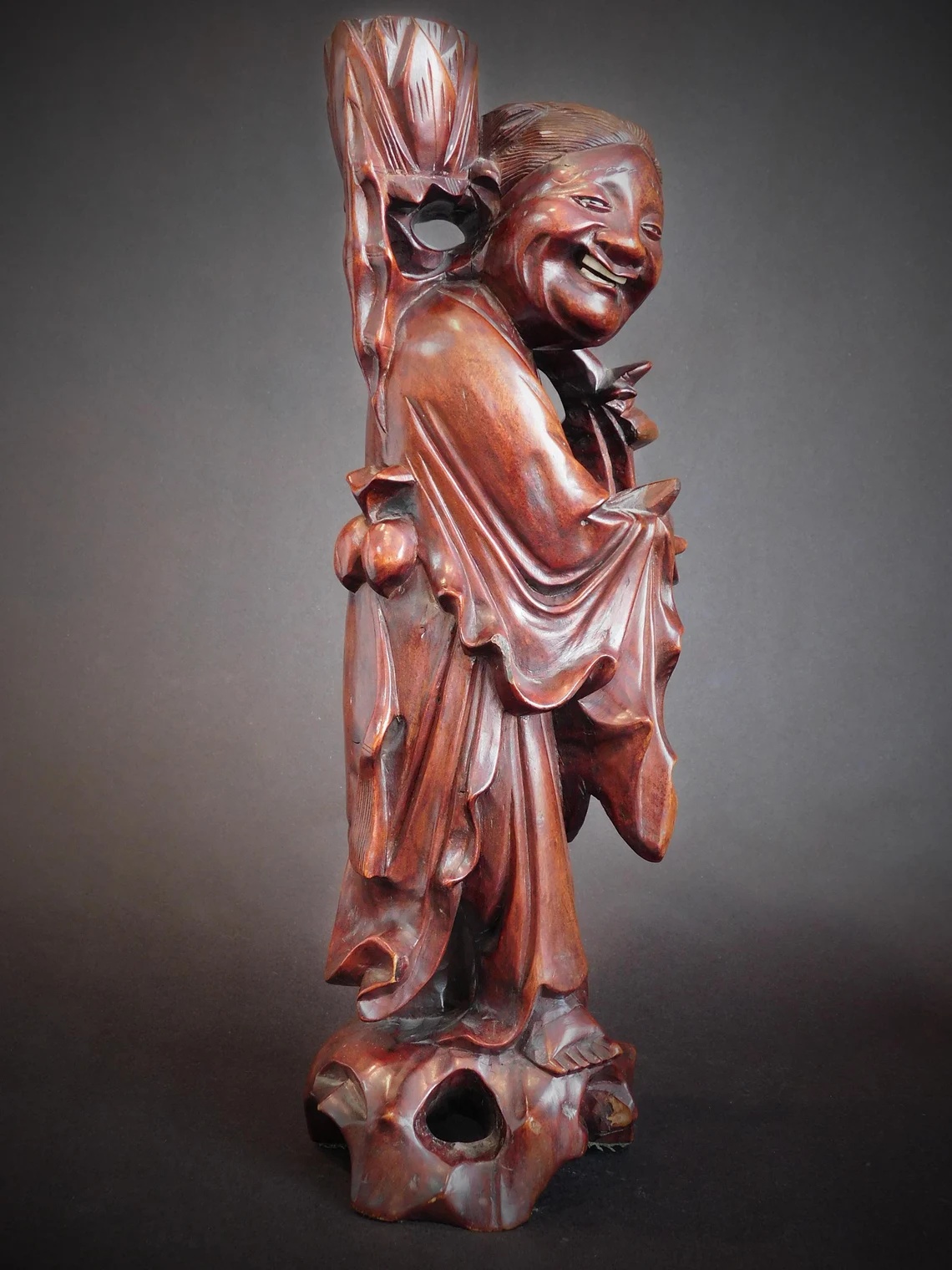 Laughing Taoist Immortal Vintage Chinese Rosewood Buddha Statue