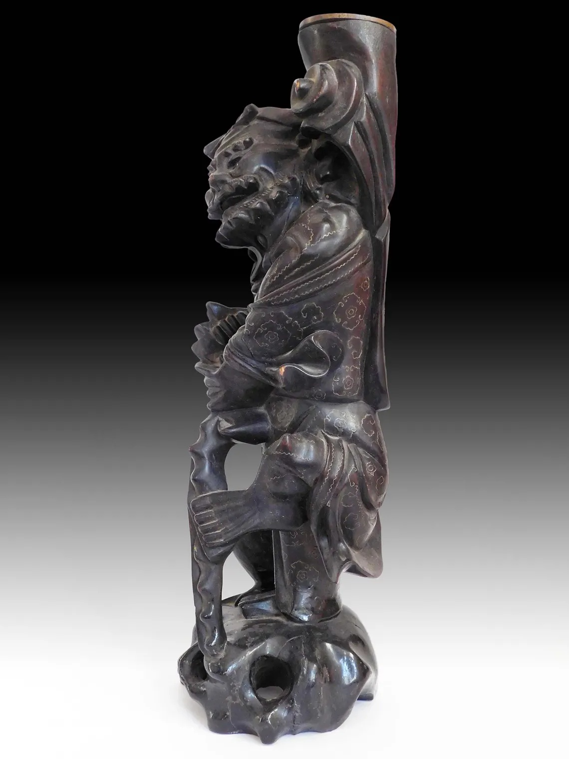 Silver Wired Ebony Wood Buddha Statue